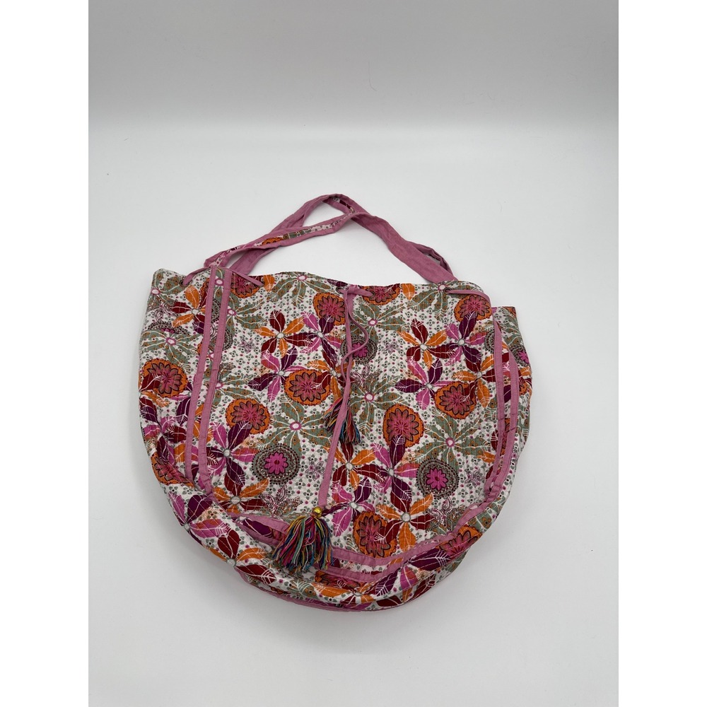 Karma Highway Floral Quilted Tote Bag Pink Orange Tassel Drawstring Boho Large